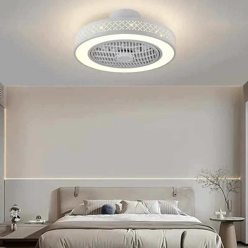 Modern white lattice led ceiling fan light featuring a decorative pattern and integrated led lighting for bedrooms