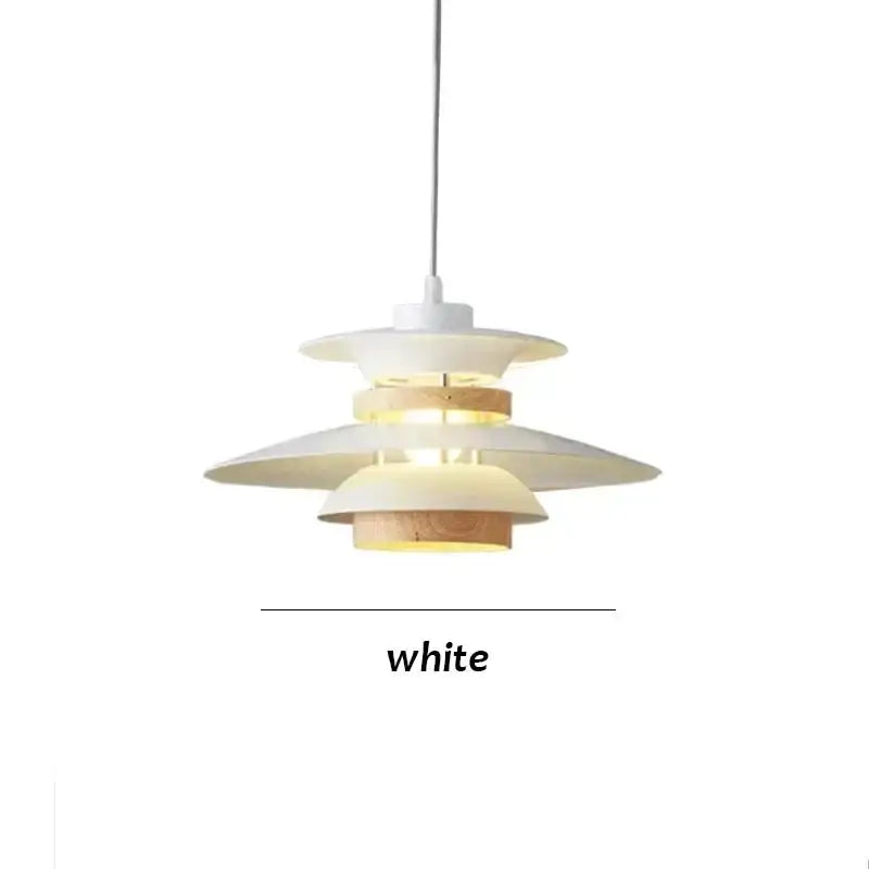 Modern white layered LED pendant light with wooden accents and tiered design for kitchen decorbites pendant light