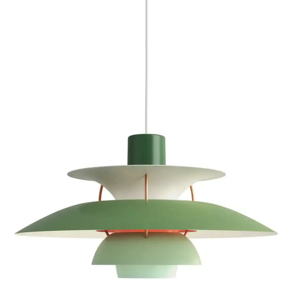Modern white layered led pendant light with green and white concentric shades suspended by thin cord for kitchen decorbites