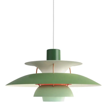 Modern white layered led pendant light with green and white concentric shades suspended by thin cord for kitchen decorbites