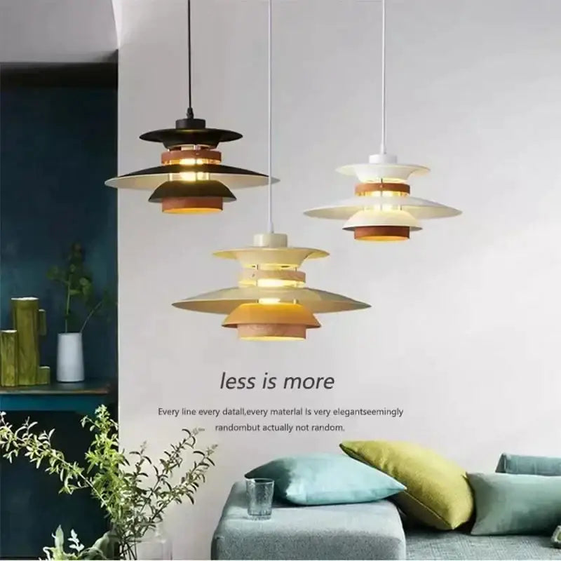 Modern white layered led pendant light with black white shells and wooden accents for kitchen decorbites colorful design