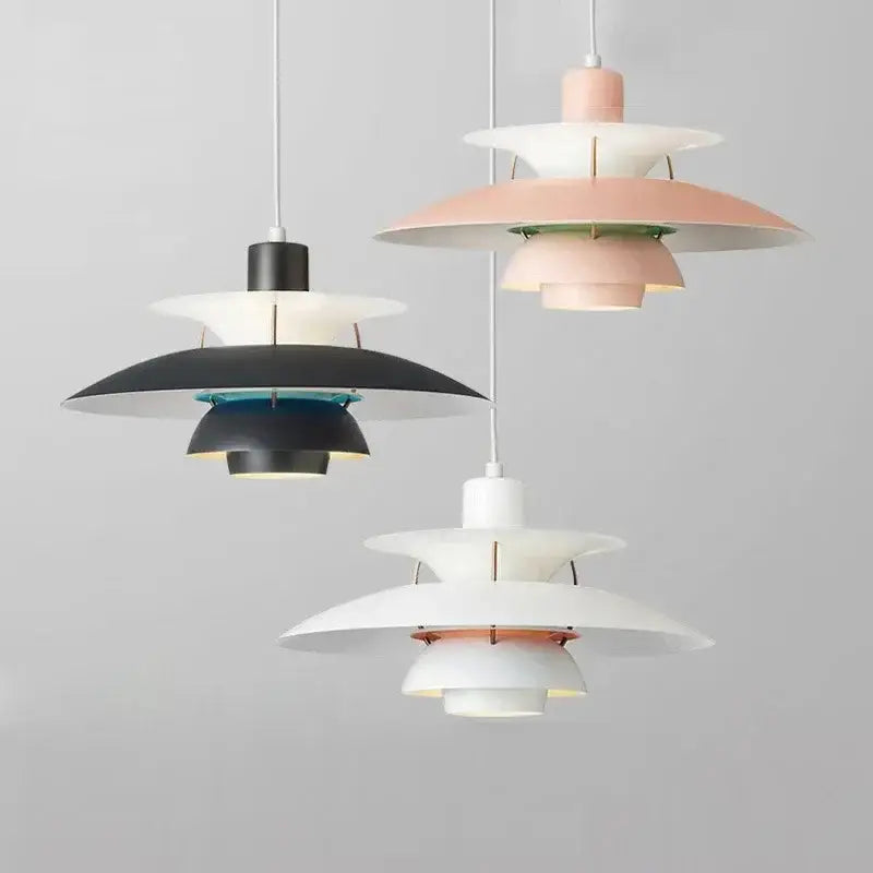 Modern white layered led pendant light with black white and pink tiers featuring decorbites colorful minimalist design
