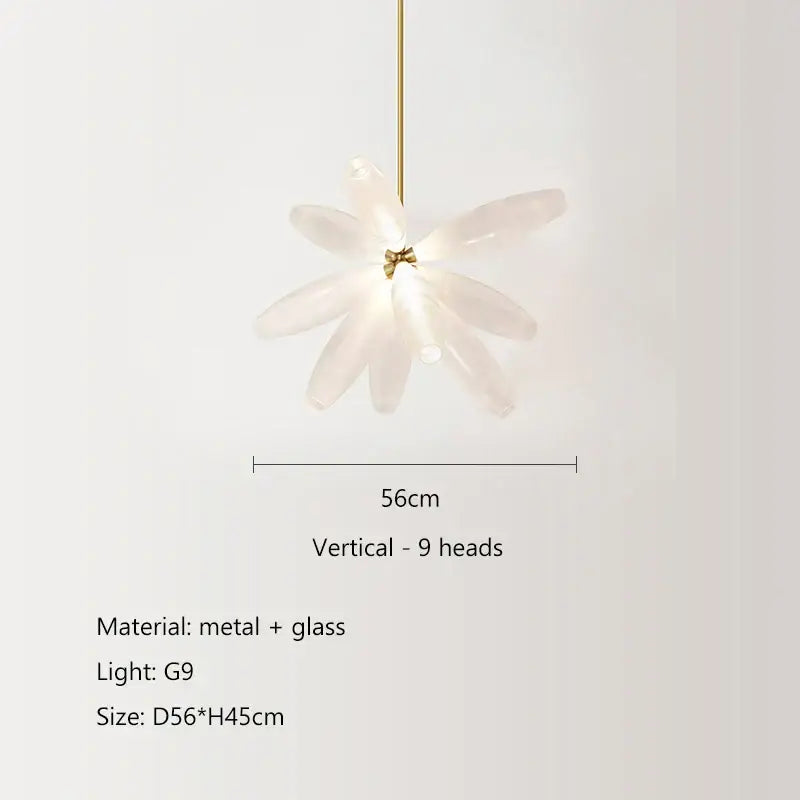 Modern white leaf elegant glass led pendant light with a delicate translucent white glass flower and gold-toned stem decorbites elegant glass