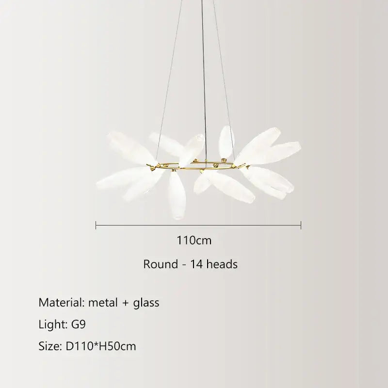 Modern white leaf elegant glass led pendant light with 14 translucent petals and brass frame for dining room decorbites elegant glass