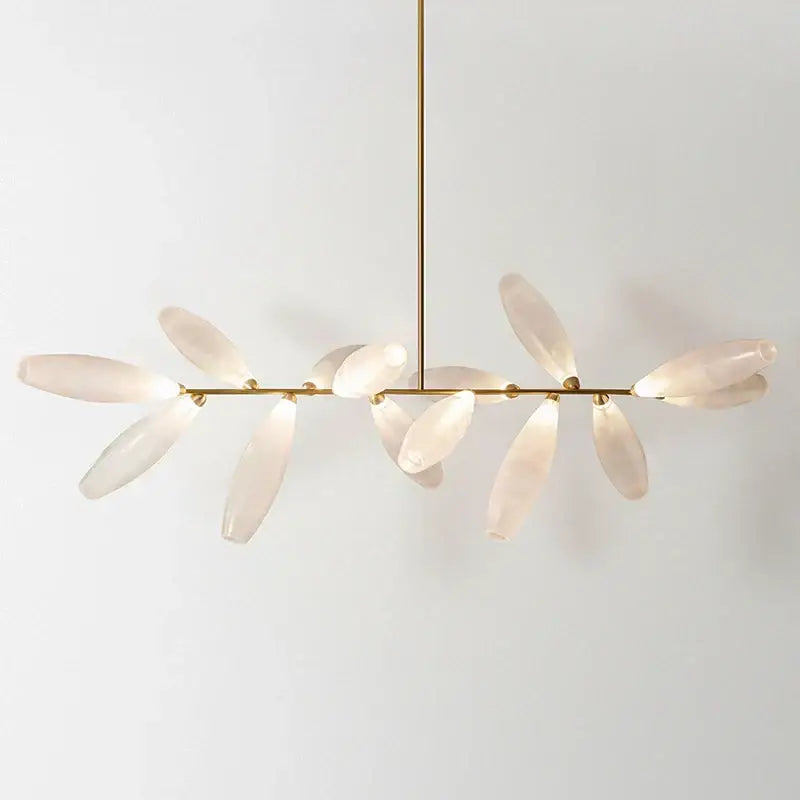 Modern white leaf elegant glass led pendant light with translucent quartz petals on gold-toned frame for dining room decorbites elegant glass