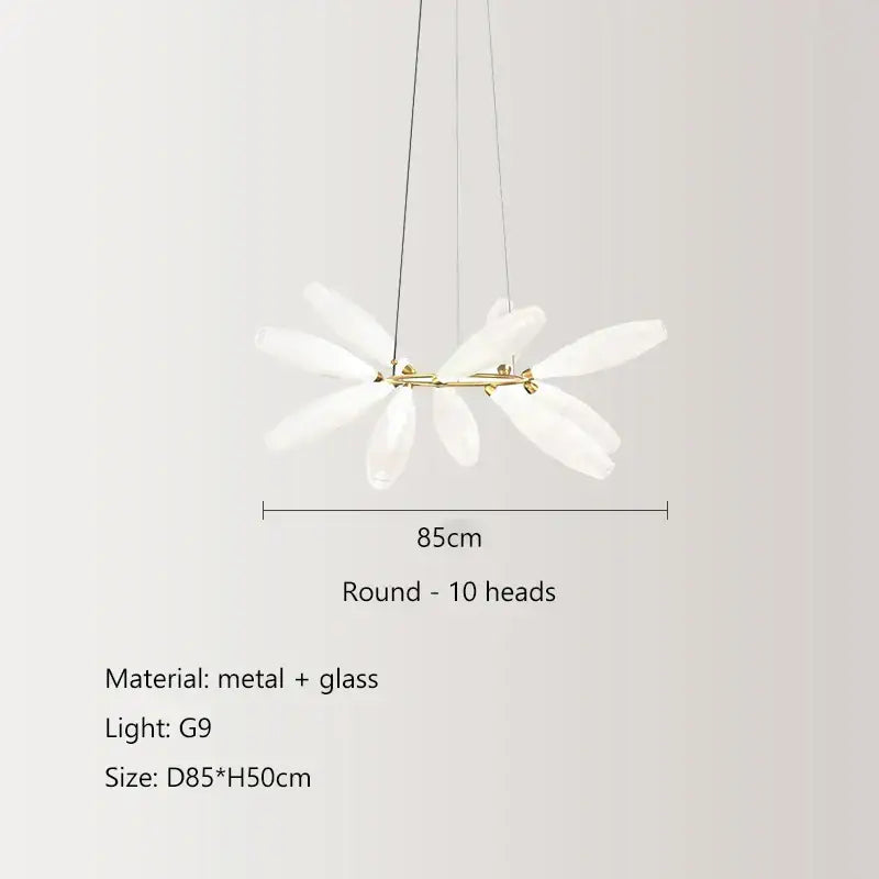 Modern white leaf elegant glass led pendant light featuring a delicate white glass dragonfly design with gold frame and ten heads