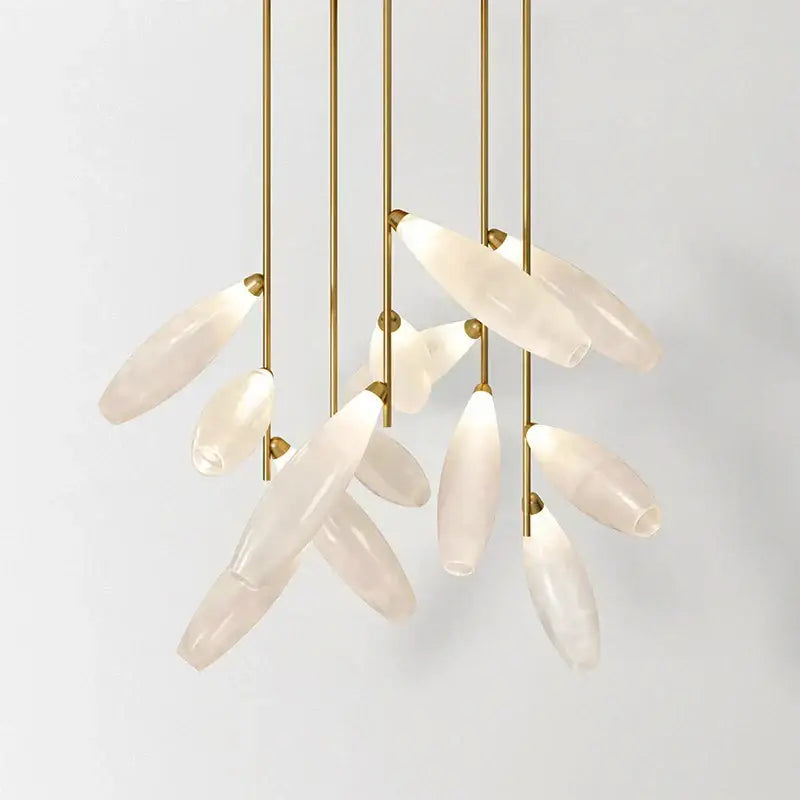 Elegant gold-toned pendant light with frosted glass leaf-shaped shades for modern white leaf elegant glass LED decorbites elegant glass