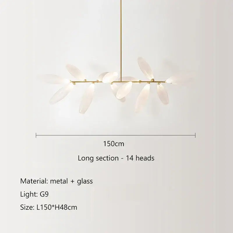 Modern white leaf elegant glass led pendant light with slender gold metal frame and 14 g9 bulbs for dining room decorbites elegant glass