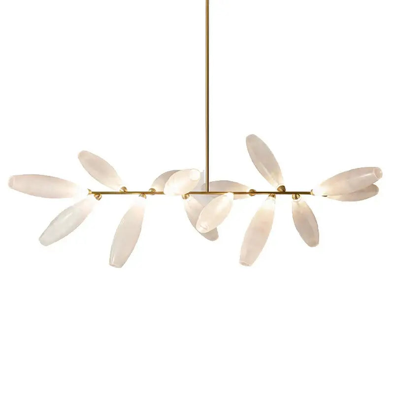 Modern white leaf elegant glass led pendant light with slender gold-toned rod and opal-like shades for dining room decorbites elegant glass decor