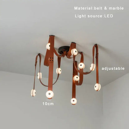 Modern white leather designer belt marble pendant lights villa chandelier with brown leather belts and circular led lights