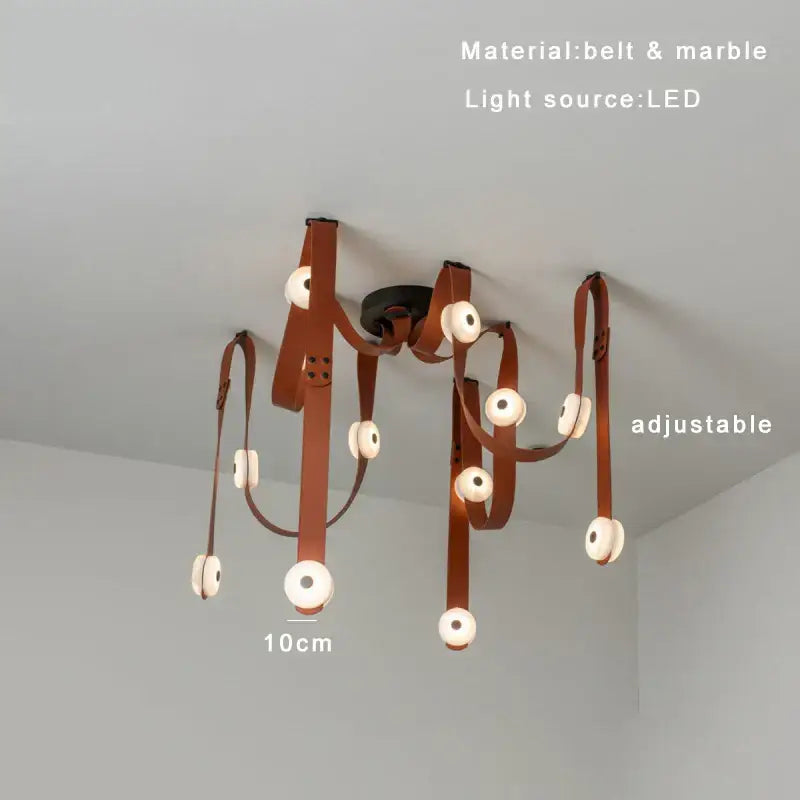 Modern white leather designer belt marble pendant lights villa chandelier with brown leather belts and circular led lights