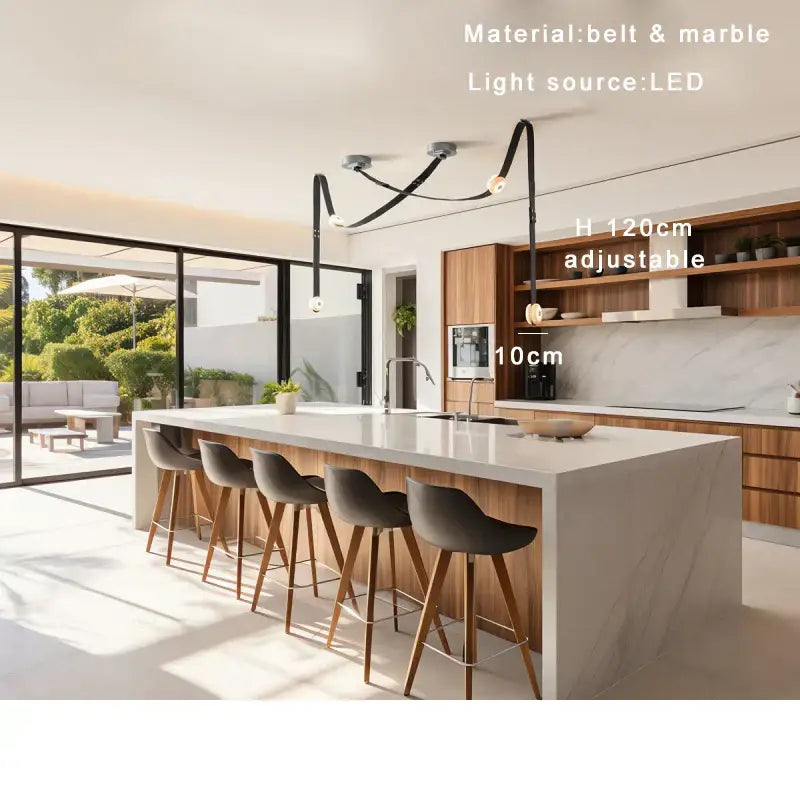 Adjustable led kitchen island pendant lights with black decorbites designer belt and white marble design chandelier