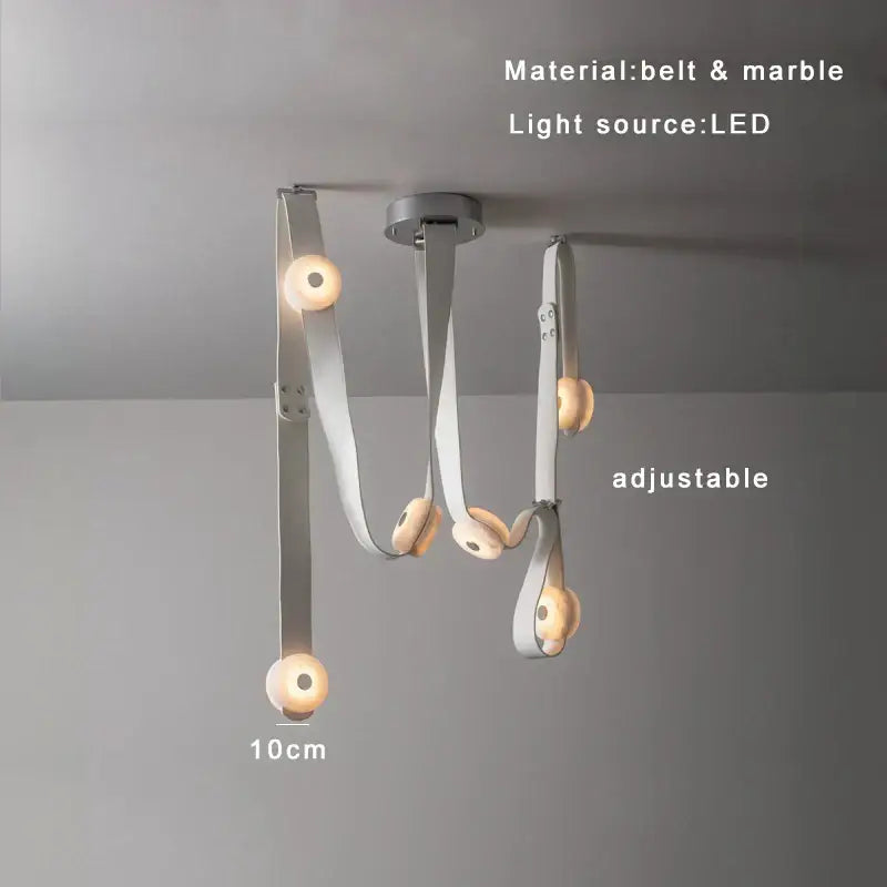Adjustable modern pendant lights with white leather designer belt and marble accent featuring warm LED bulbs