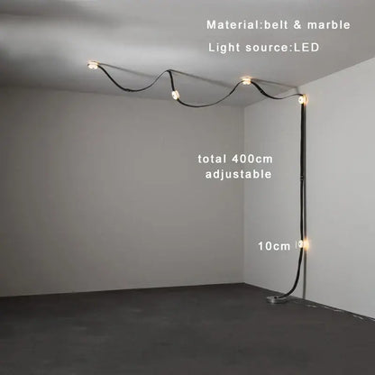 Modern white leather designer belt marble pendant lights featuring a sleek black belt and marble curved design extending 400cm