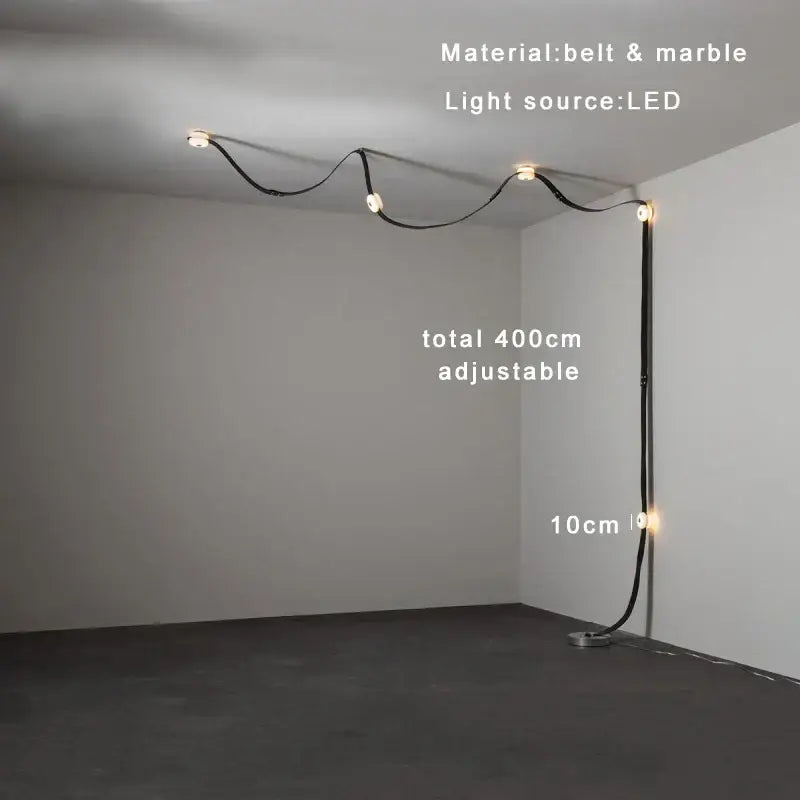 Modern white leather designer belt marble pendant lights featuring a sleek black belt and marble curved design extending 400cm