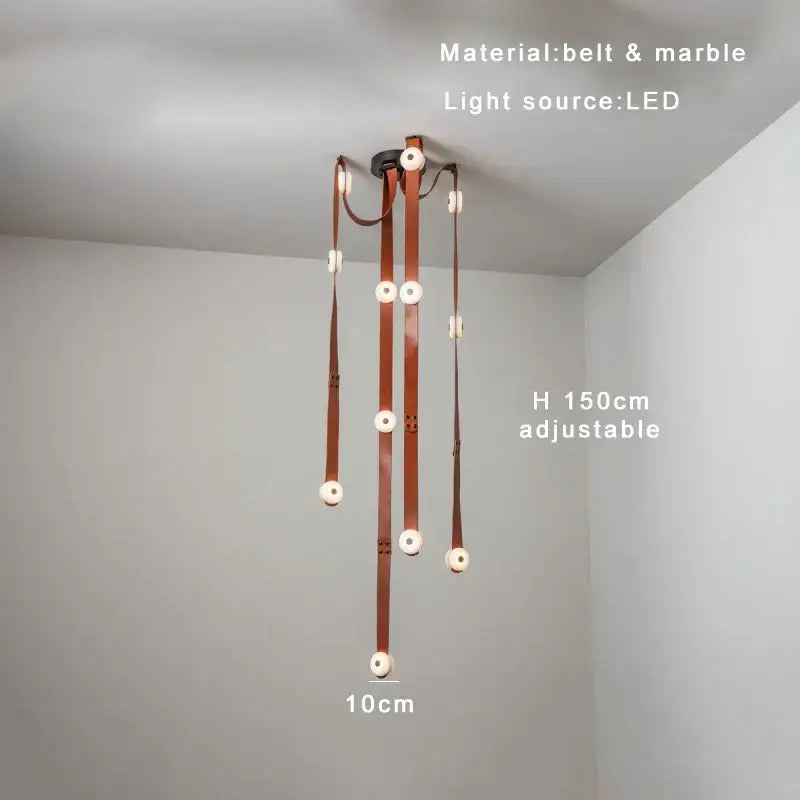 Modern white leather designer belt marble pendant lights villa chandelier with brown leather straps and embedded led lights