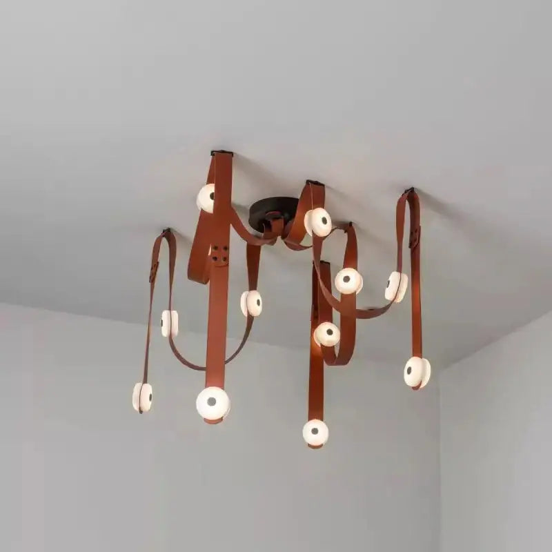 Modern white leather designer belt marble pendant lights villa chandelier featuring brown leather chandelier with white circular lights