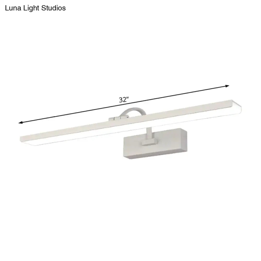 Modern white led bathroom vanity sconce with curved arm featuring a 32-inch rectangular design and minimalist bracket