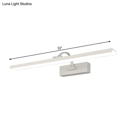Modern white led bathroom vanity sconce with curved arm featuring a 32-inch rectangular design and minimalist bracket