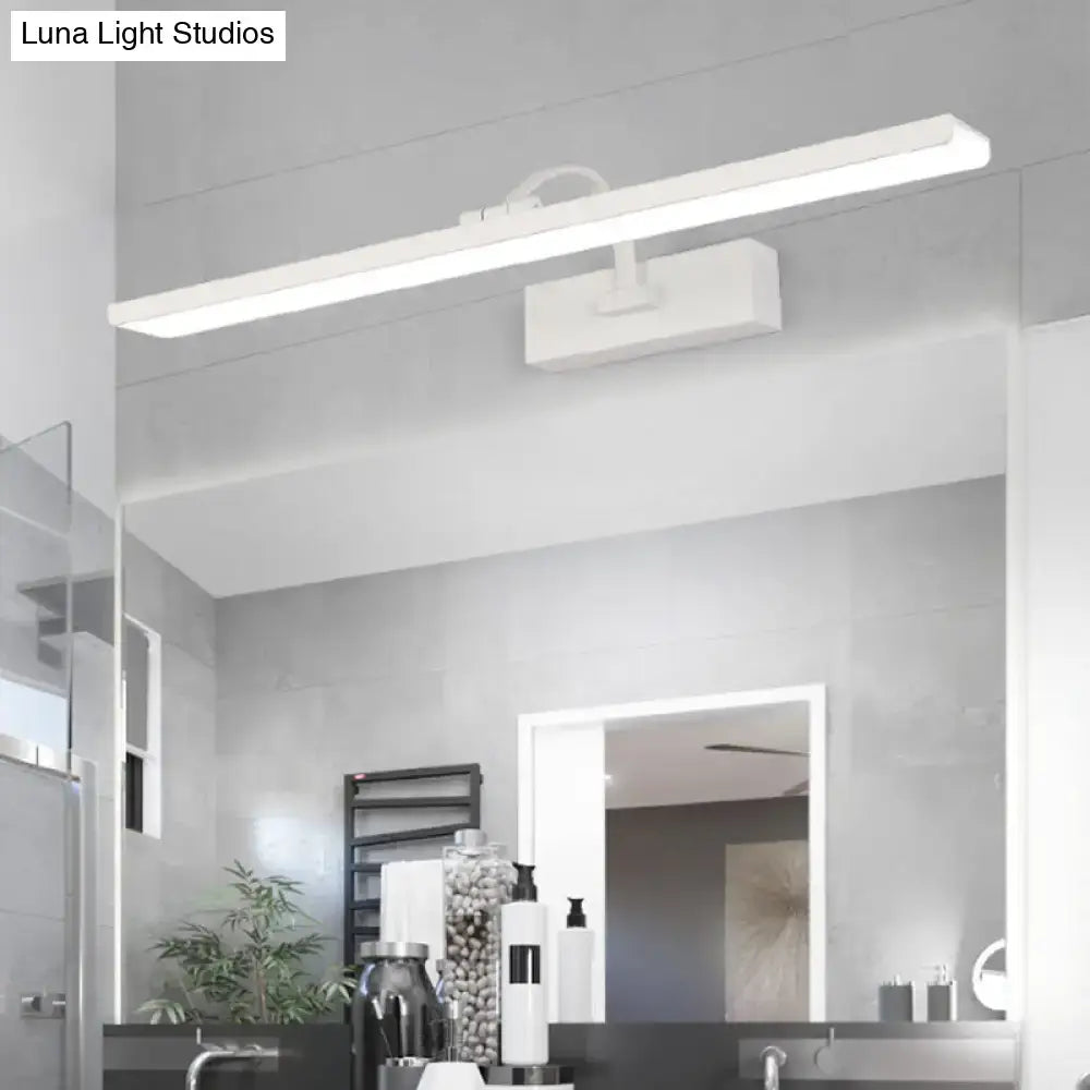 Modern white led bathroom vanity sconce with sleek rectangular design and minimalist curved arm mounting bracket