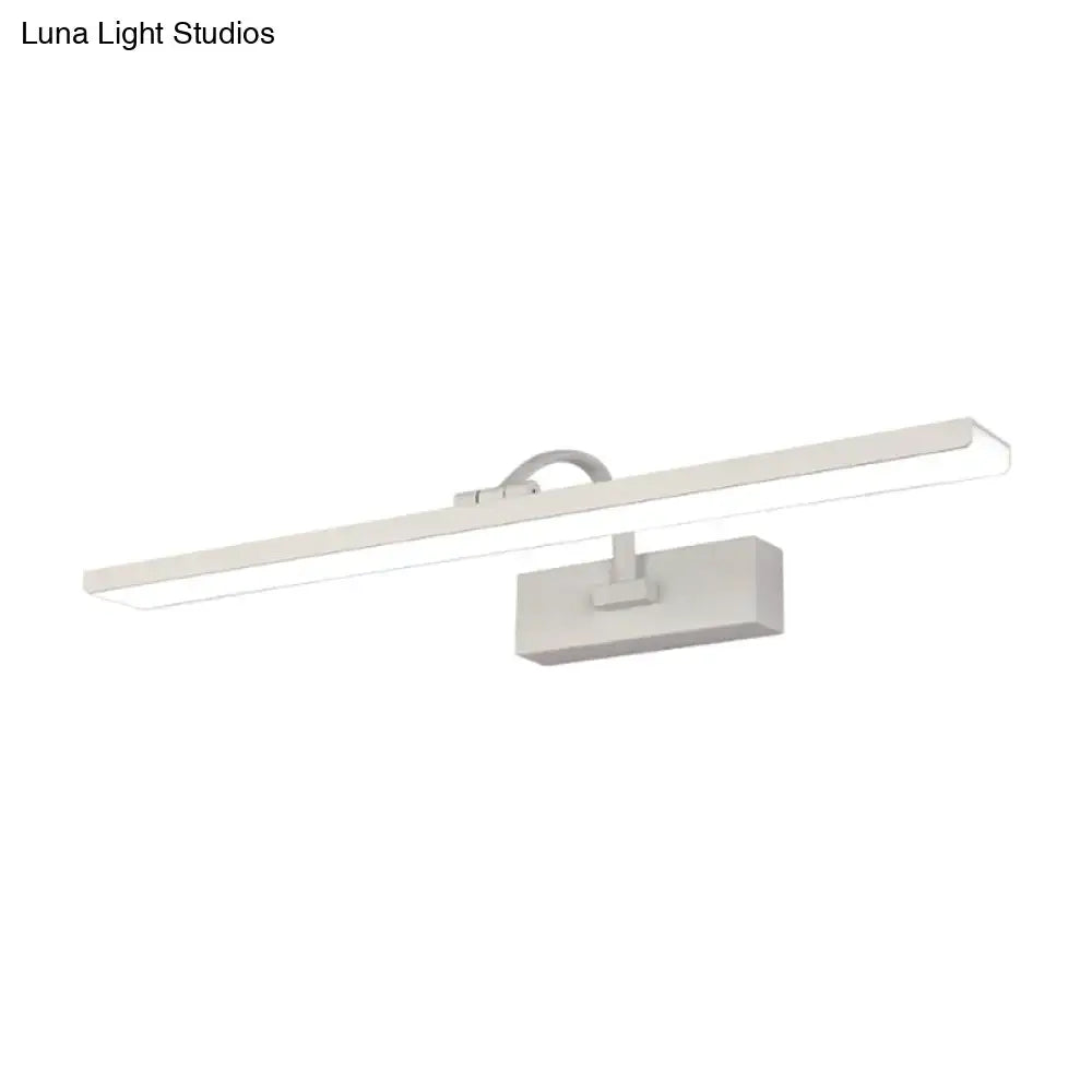 Modern white led bathroom vanity sconce with a sleek rectangular design and a minimalist curved arm mounting bracket