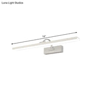 Modern white led bathroom vanity sconce with a sleek curved arm and 16-inch rectangular led light design