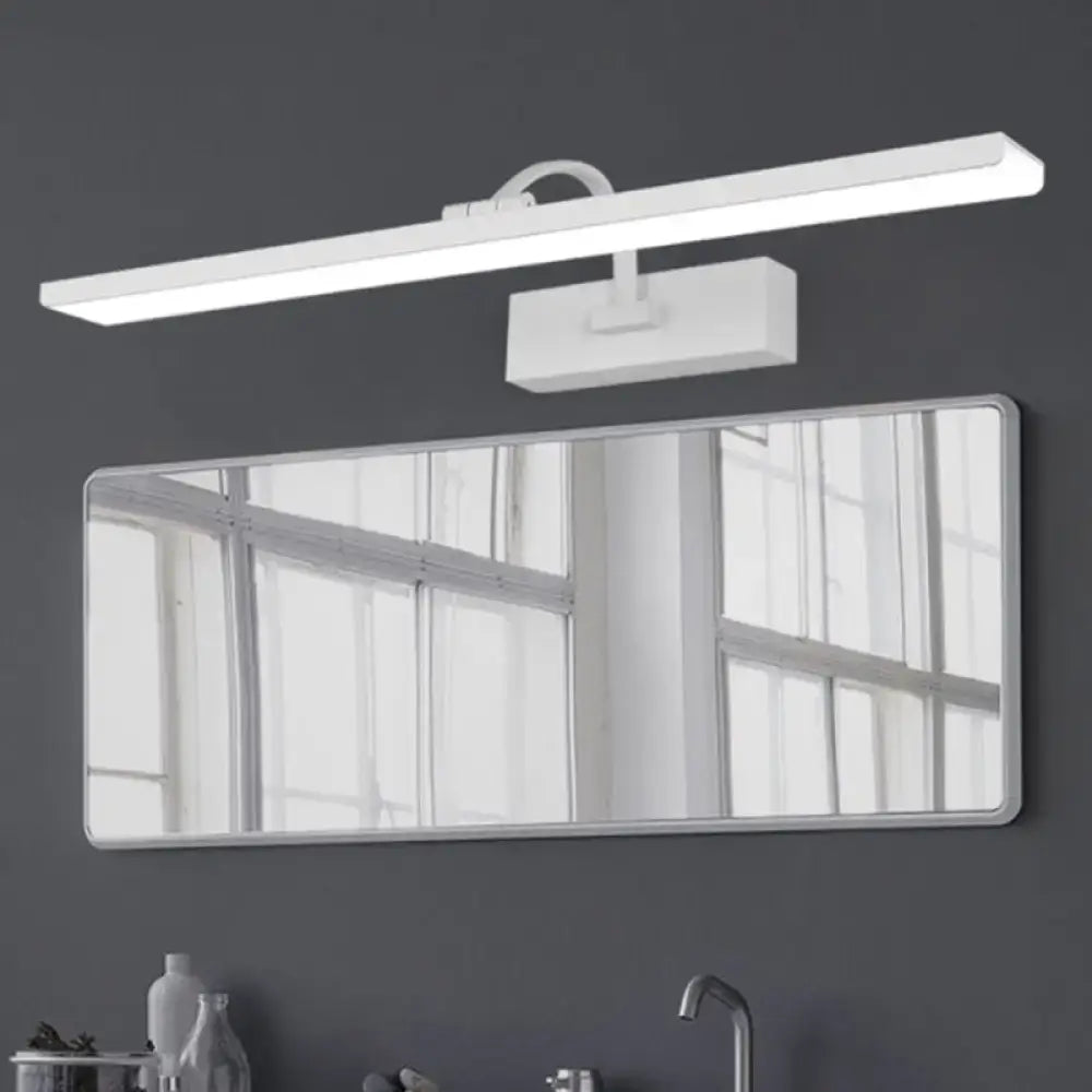 Modern white led bathroom vanity sconce with a curved arm and sleek rectangular design mounted above a mirror