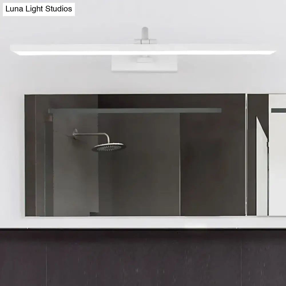 Modern white led bathroom vanity sconce with curved arm featuring a sleek rectangular design and central control panel