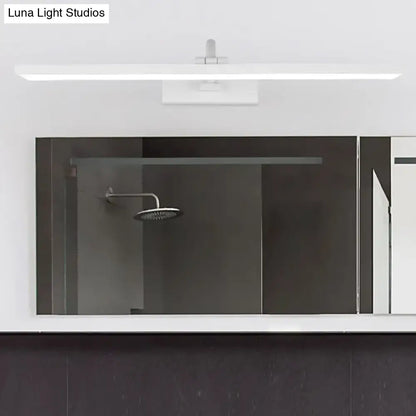 Modern white led bathroom vanity sconce with curved arm featuring a sleek rectangular design and central control panel