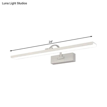 Modern white led bathroom vanity sconce with curved arm featuring a sleek 24-inch white rectangular design and minimalist bracket