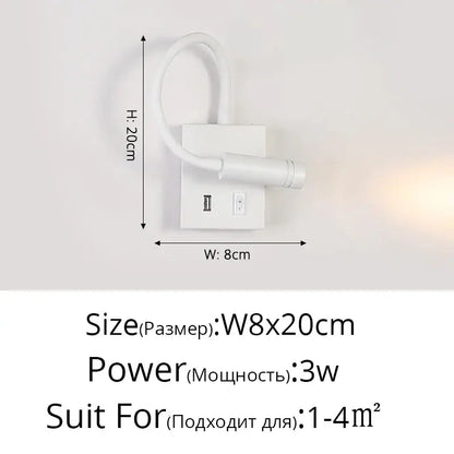 Modern white led bedside wall lamp with usb port featuring flexible cord for convenient bedroom reading light decorbites led bedside