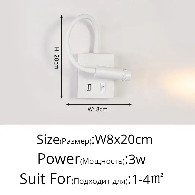 Modern white led bedside wall lamp with usb port featuring flexible cord for convenient bedroom reading light decorbites led bedside