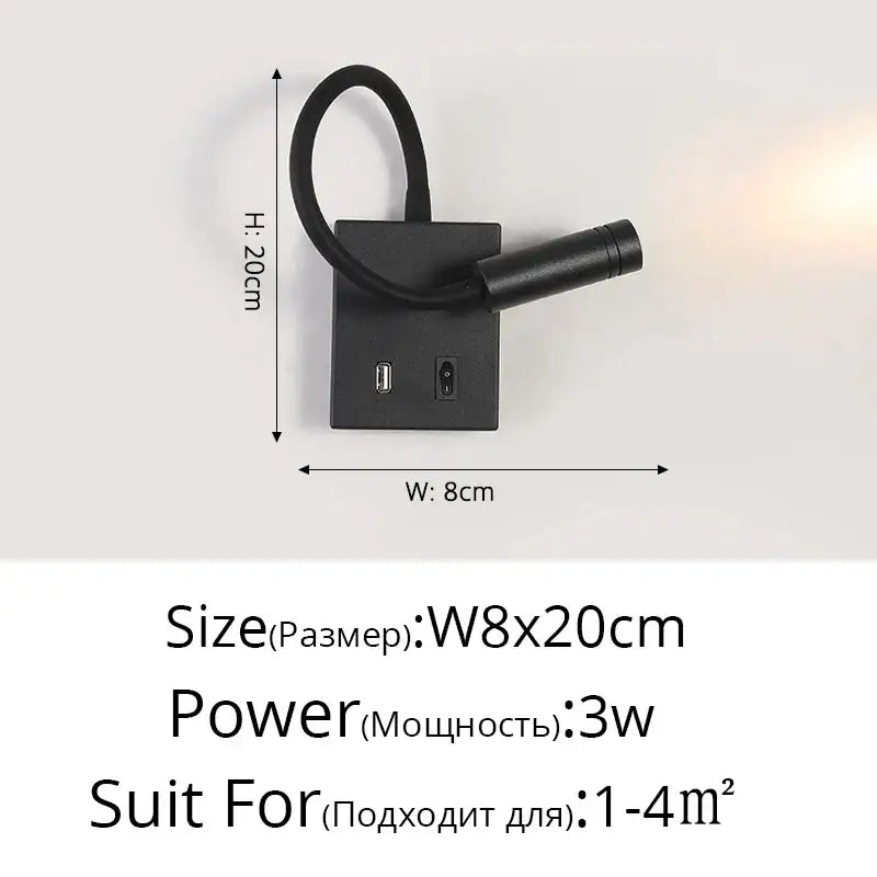 Black wall lamp with flexible gooseneck arm and usb port decorbites led bedside wall lamp for bedroom reading light