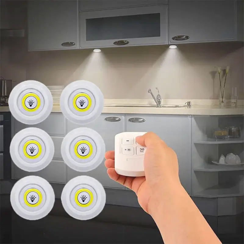 Modern white led cabinet light with remote control dimming and yellow illuminated icons shown with matching remote control