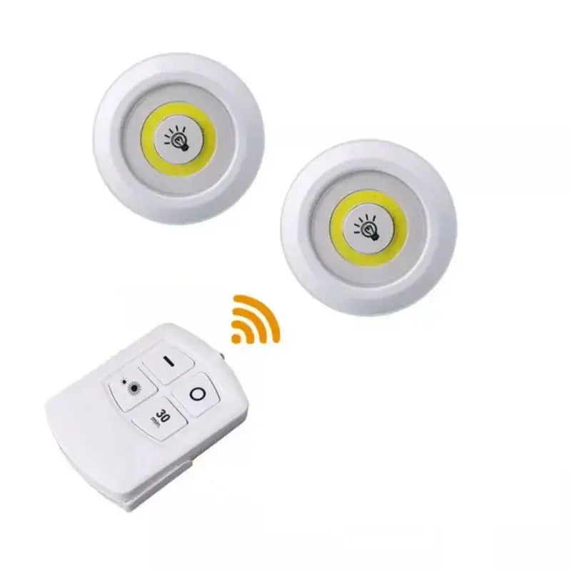 Modern white led cabinet light with remote control dimming featuring circular wireless sensors with yellow centers and white remote control