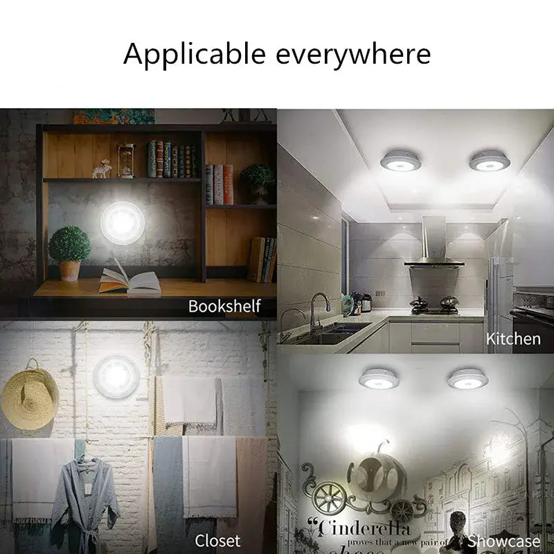 Round white led cabinet light with sleek modern design and remote control dimming for kitchen use