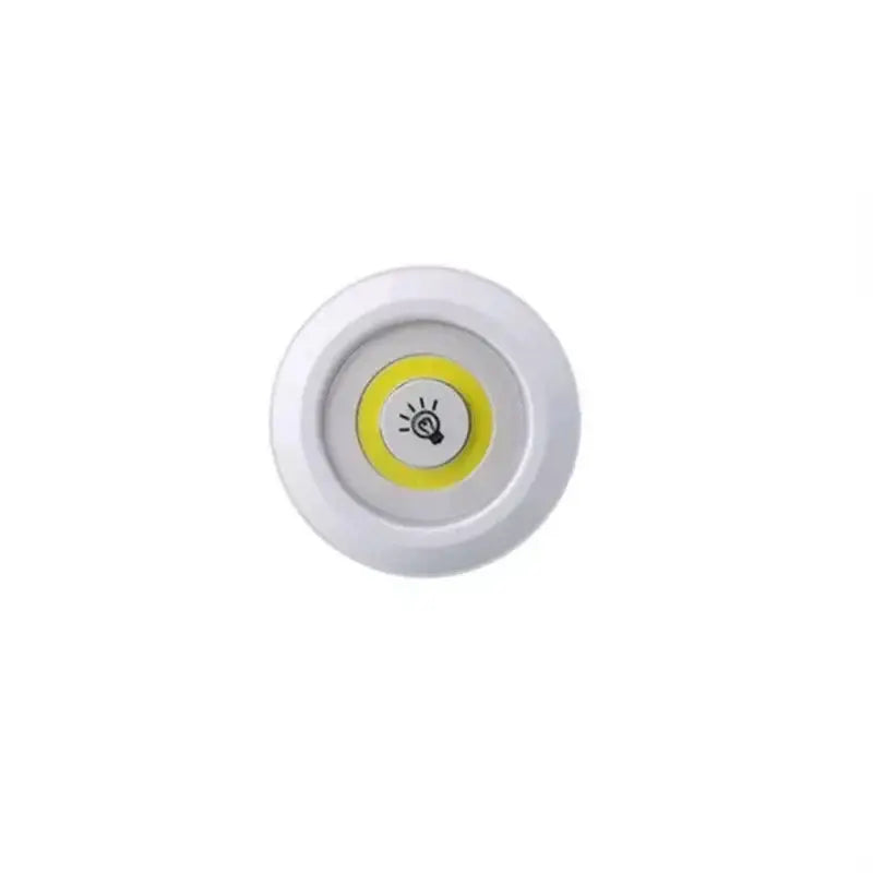 Modern white led cabinet light with remote control dimming featuring a yellow illuminated ring and black bulb icon