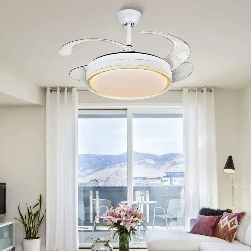 Modern white decorbites decor led ceiling fan with curved translucent blades and integrated lighting for living room decor