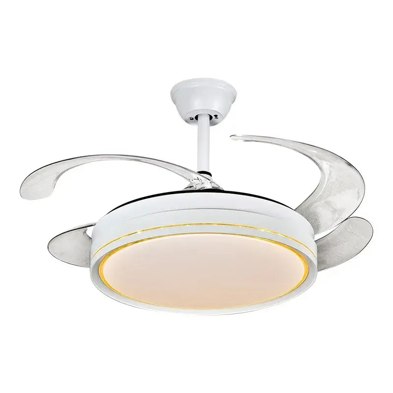 Modern white LED ceiling fan with sleek curved chrome blades for stylish decorBites decor LED ceiling use