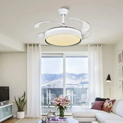Modern white led ceiling fan with remote control featuring integrated lighting and sleek curved blade design for bedroom use