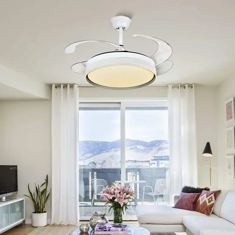 Modern white led ceiling fan with remote control featuring integrated lighting and sleek curved blade design for bedroom use