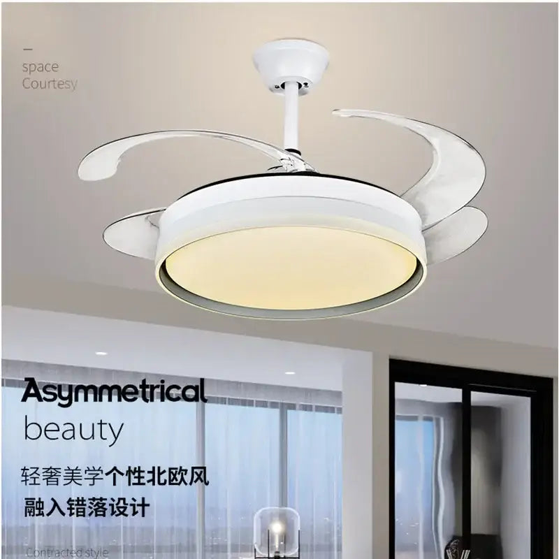 Modern white LED ceiling fan with asymmetrical curved blades and remote control by decorbites for bedroom lighting decor