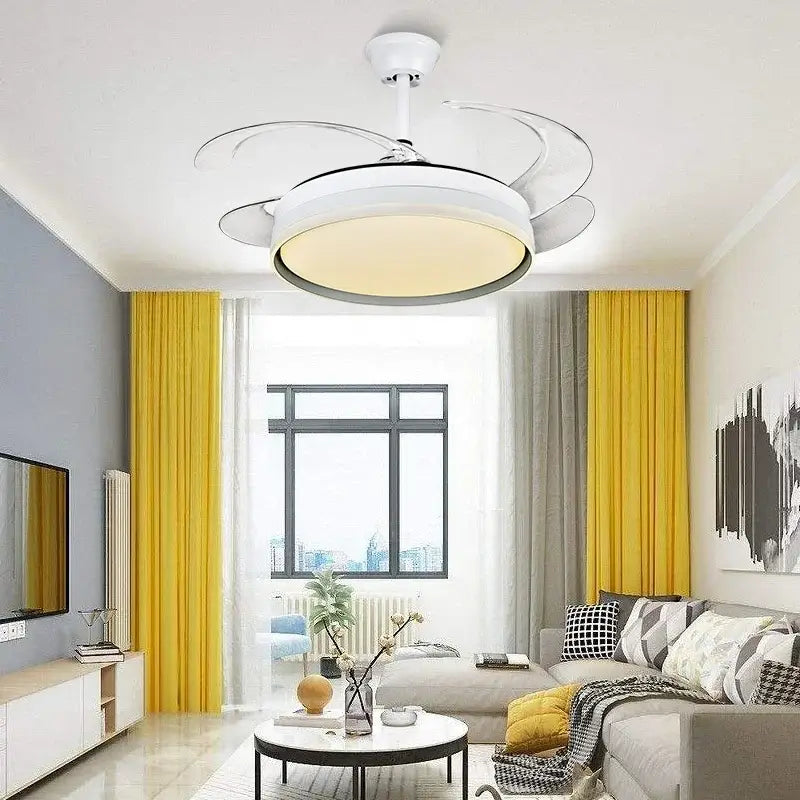 Modern white decorbites led ceiling fan with remote control featuring integrated lighting and sleek curved blades