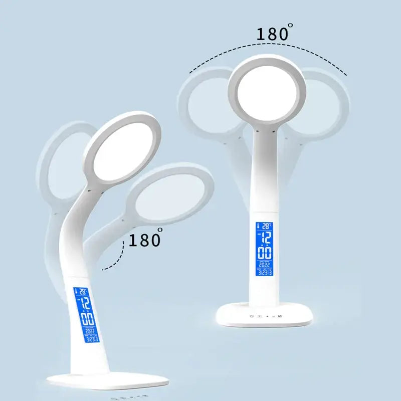 Modern white decorbites led desk lamp with adjustable circular light head and digital screen for time date and temperature