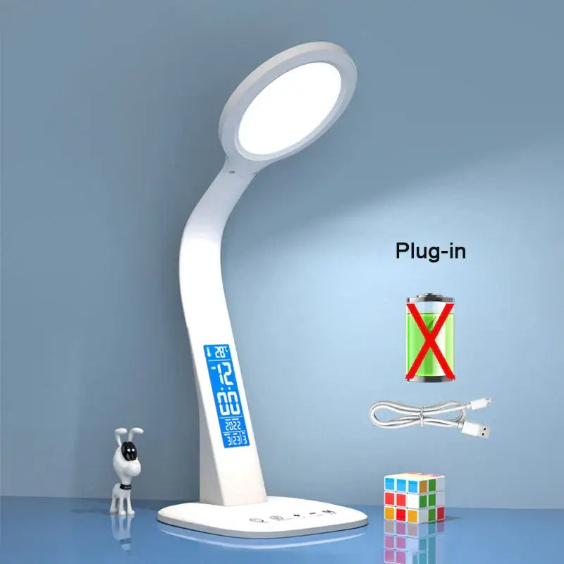 Modern white decorbites led desk lamp with curved neck and digital time and date display for bedroom study