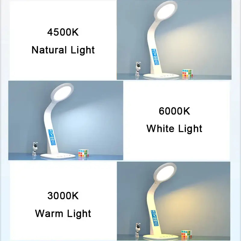 Modern white led desk lamp with sleek curved design and digital display panel by decorbites led desk for bedroom study