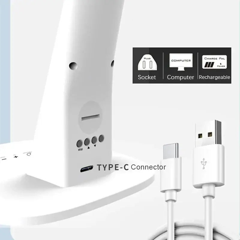 Modern white led desk lamp with digital screen featuring a white plastic charging station with type-c and usb-a ports decorbites led desk