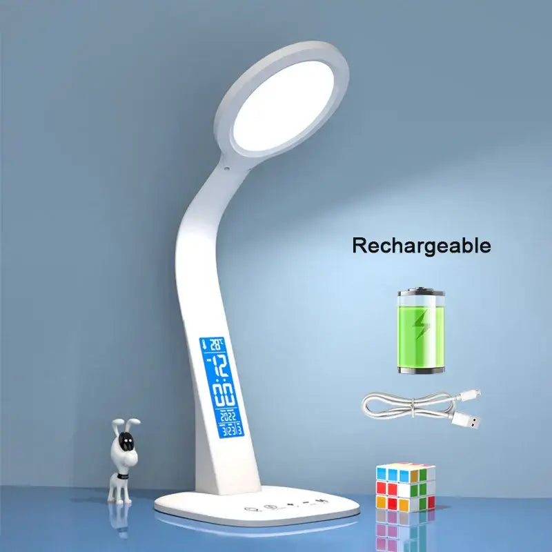 Modern white decorbites led desk lamp with curved neck and digital time and date display for bedroom study