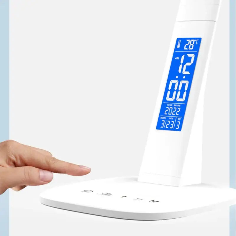 Modern white led desk lamp with decorbites led digital screen showing time and temperature for bedroom study decor