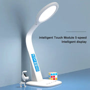 Modern white decorbites led desk lamp with sleek curved design and digital screen showing time and date for study use